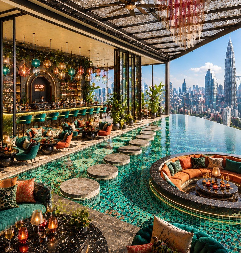 The Bunny Hole rooftop pool and bar at Dash Urban, looking over Kuala Lumpur