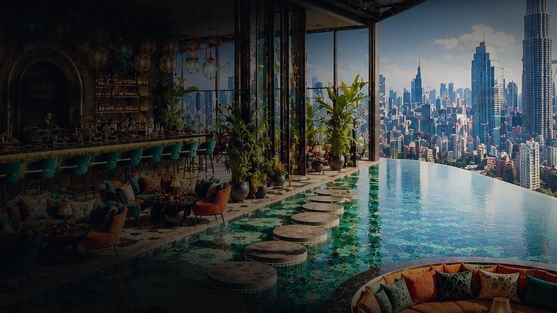 A rooftop pool and bar over the Kuala Lumpur skyline at dusk