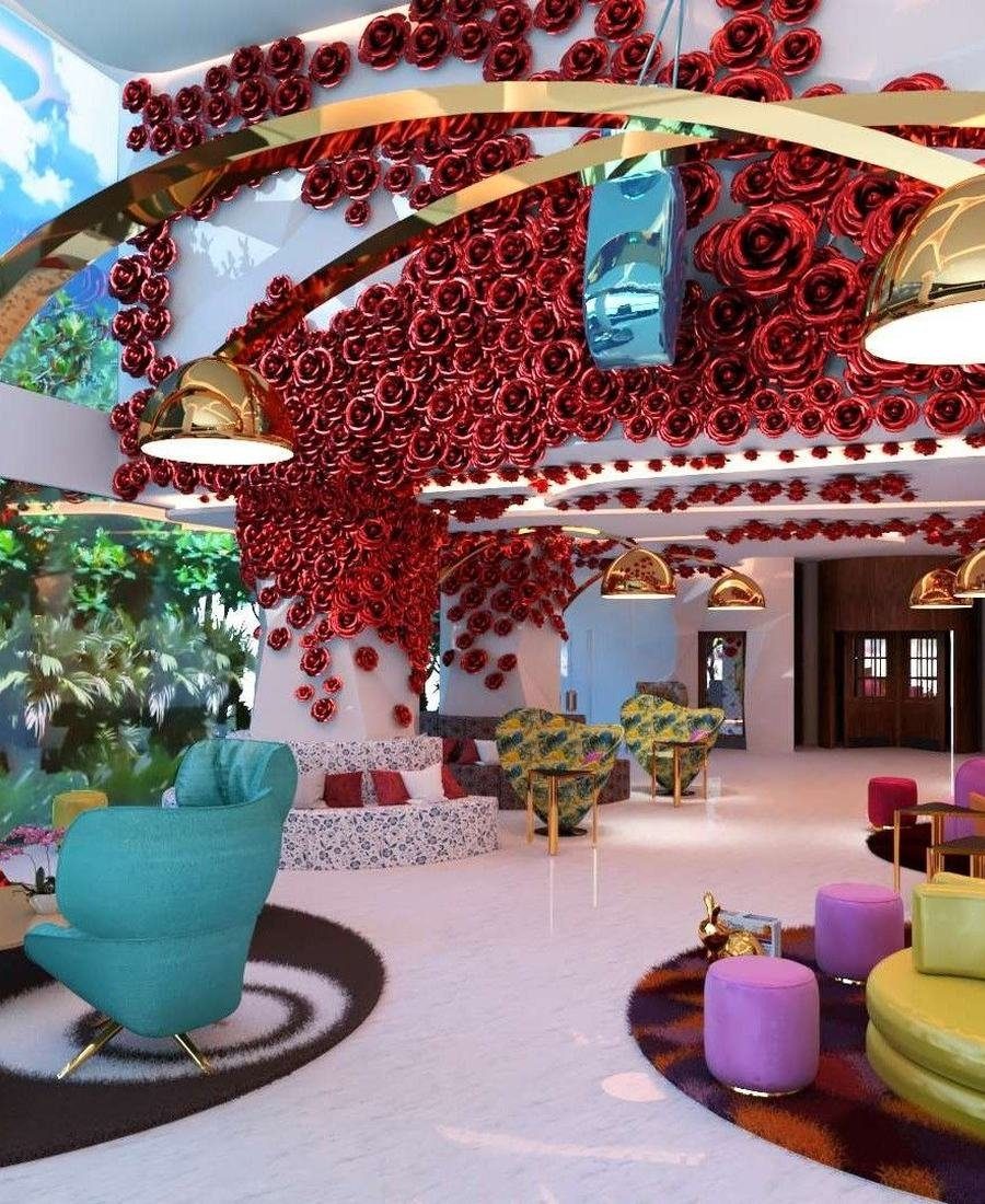 A saturated red and violet installation inside a hospitality interior